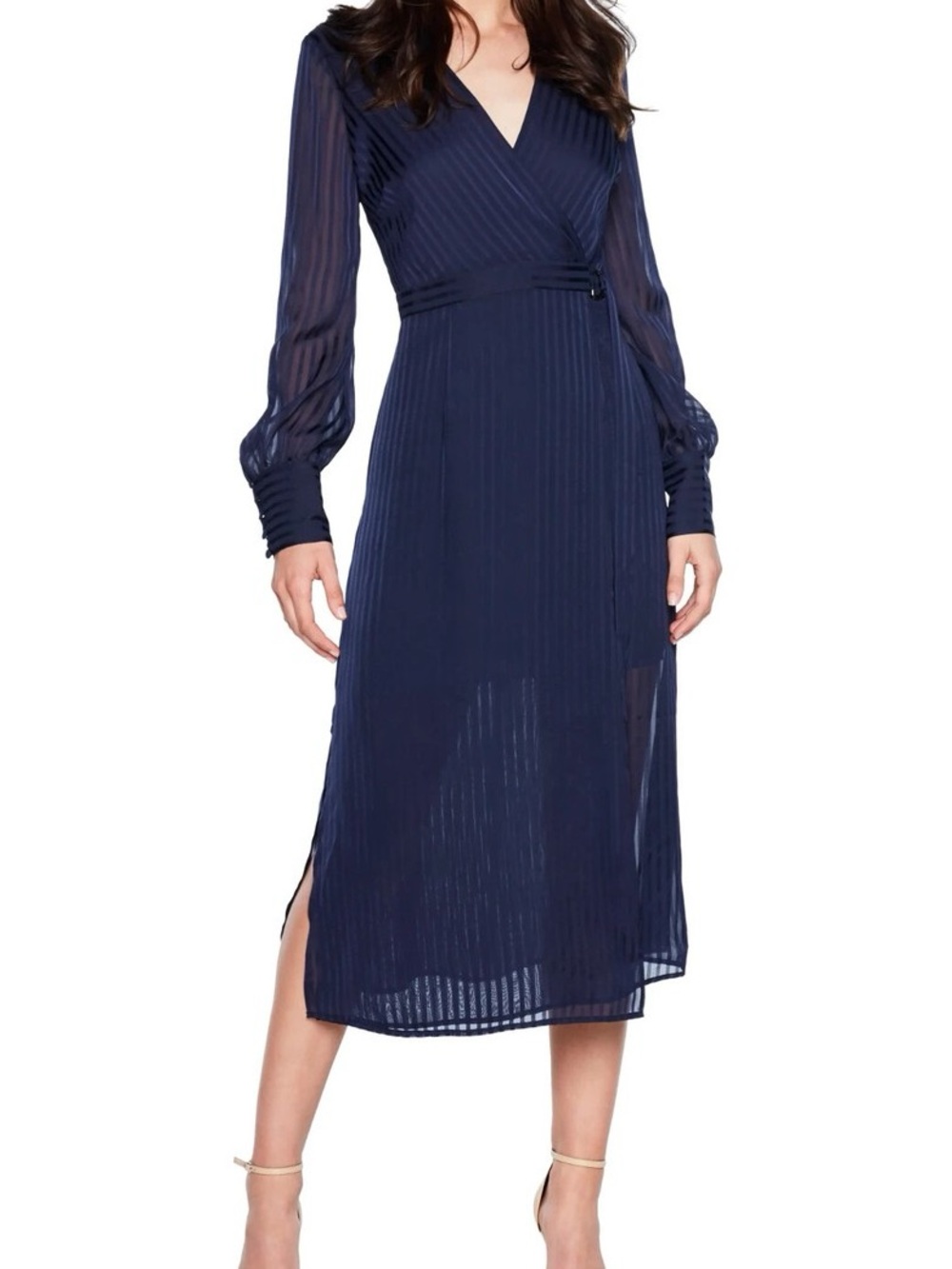 Bardot Navy Sheer-Sleeve Faux-Wrap Midi Dress